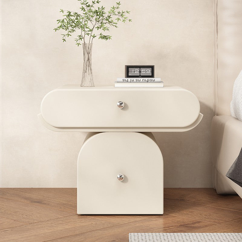 Table de chevet arrondie moderne minimaliste en contreplaqué de bois massif et similicuir avec rangement à 2 tiroirs pour chambre à coucher 