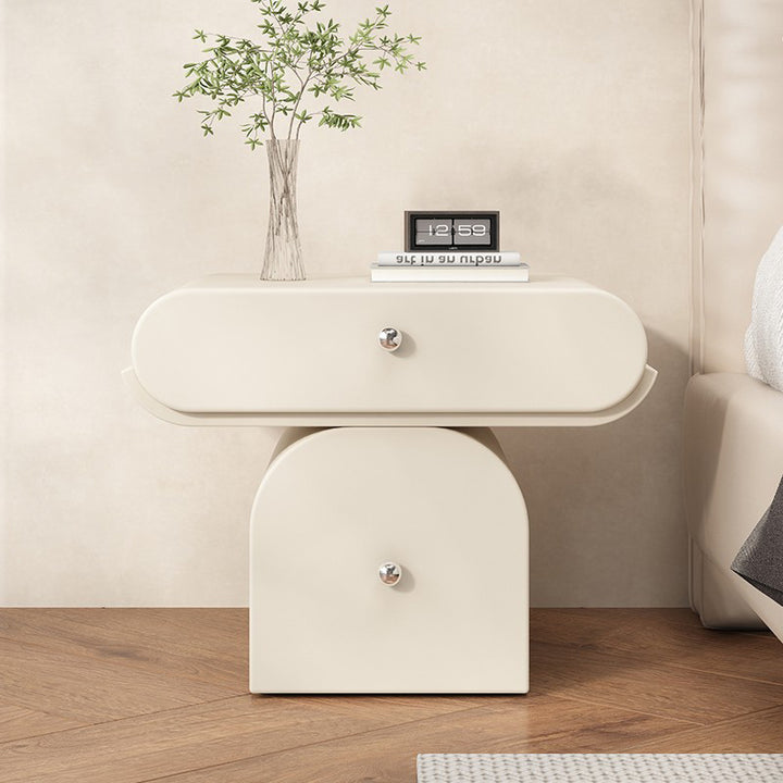 Table de chevet arrondie moderne minimaliste en contreplaqué de bois massif et similicuir avec rangement à 2 tiroirs pour chambre à coucher 