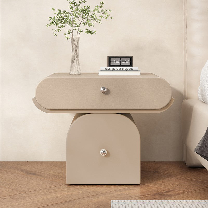 Table de chevet arrondie moderne minimaliste en contreplaqué de bois massif et similicuir avec rangement à 2 tiroirs pour chambre à coucher 