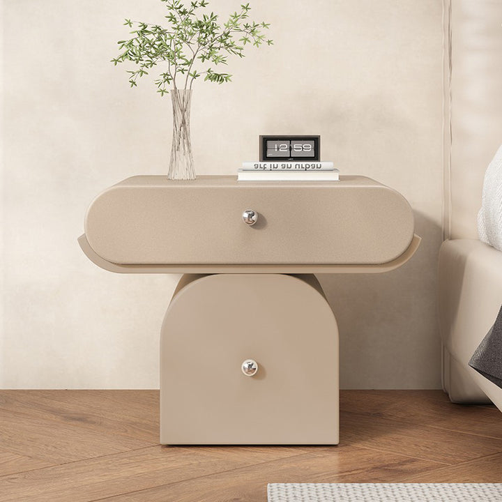 Table de chevet arrondie moderne minimaliste en contreplaqué de bois massif et similicuir avec rangement à 2 tiroirs pour chambre à coucher 
