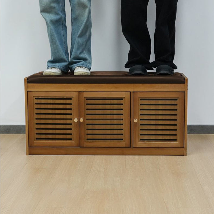 Modern Minimalist Rectangular Bamboo Faux Leather Shoe Bench 2/3/4-Cabinet For Entryway