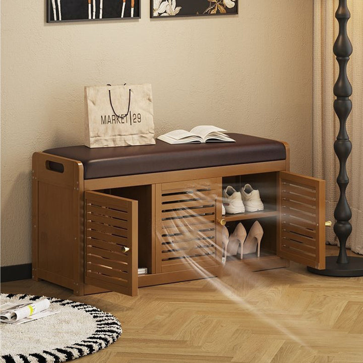 Modern Minimalist Rectangular Bamboo Faux Leather Shoe Bench 2/3/4-Cabinet For Entryway
