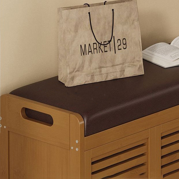 Modern Minimalist Rectangular Bamboo Faux Leather Shoe Bench 2/3/4-Cabinet For Entryway