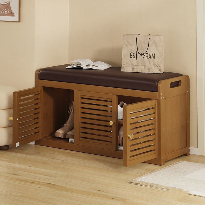 Modern Minimalist Rectangular Bamboo Faux Leather Shoe Bench 2/3/4-Cabinet For Entryway