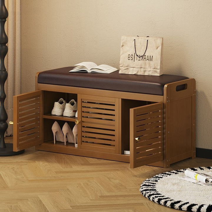 Modern Minimalist Rectangular Bamboo Faux Leather Shoe Bench 2/3/4-Cabinet For Entryway