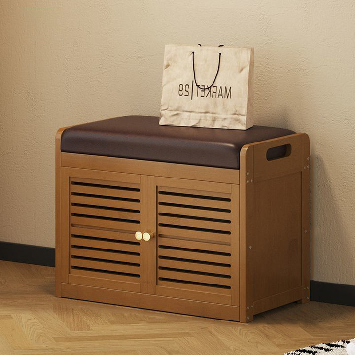 Modern Minimalist Rectangular Bamboo Faux Leather Shoe Bench 2/3/4-Cabinet For Entryway