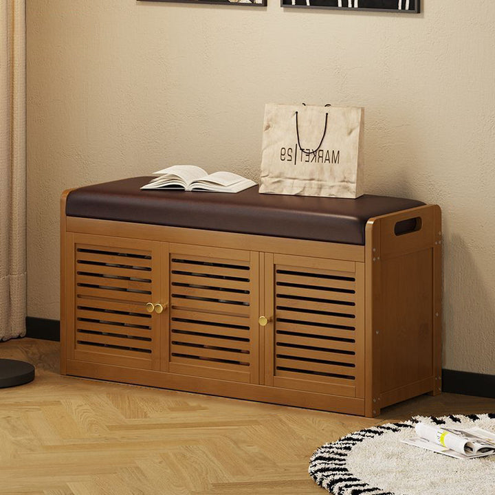 Modern Minimalist Rectangular Bamboo Faux Leather Shoe Bench 2/3/4-Cabinet For Entryway