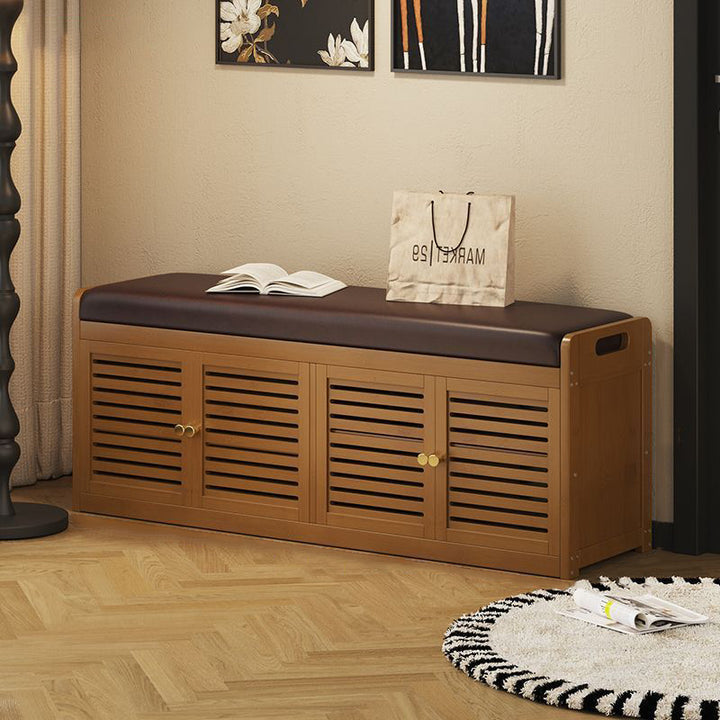 Modern Minimalist Rectangular Bamboo Faux Leather Shoe Bench 2/3/4-Cabinet For Entryway