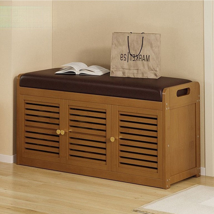 Modern Minimalist Rectangular Bamboo Faux Leather Shoe Bench 2/3/4-Cabinet For Entryway