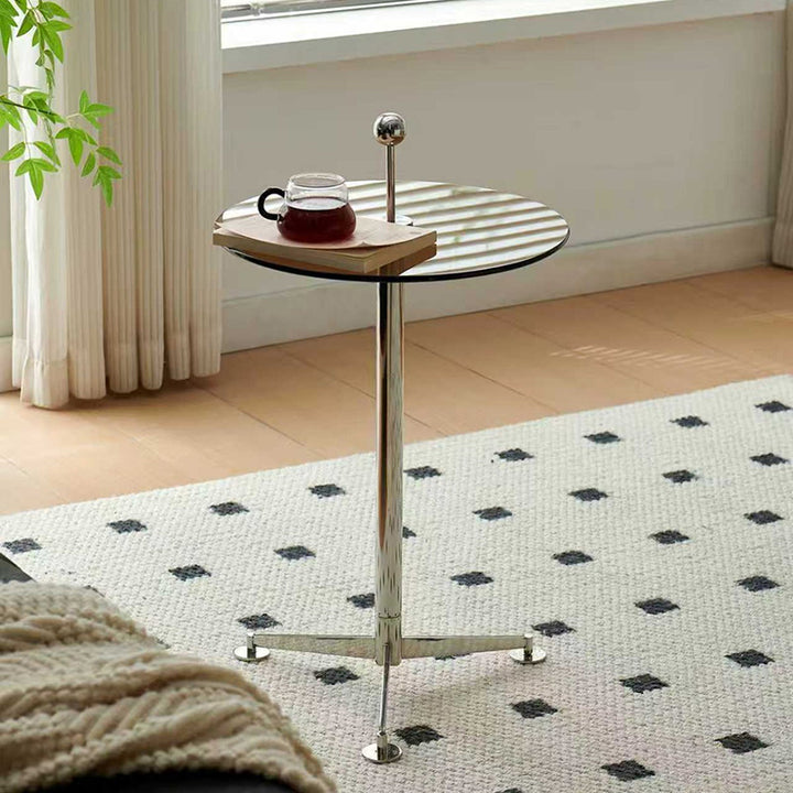 Modern Minimalist Round Tempered Glass Stainless Steel Coffee Table 1-Tier For Living Room