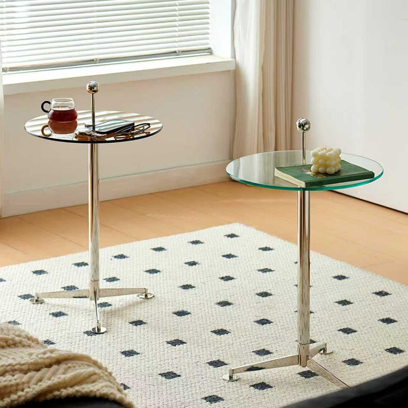 Modern Minimalist Round Tempered Glass Stainless Steel Coffee Table 1-Tier For Living Room