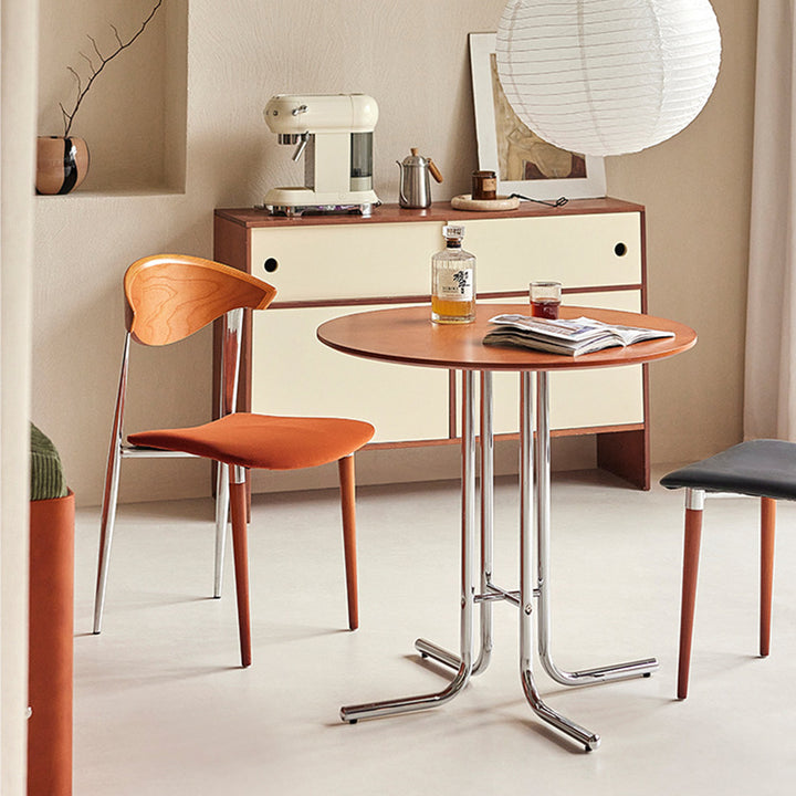 Table à manger moderne minimaliste ronde en tube cintré, bois massif, contreplaqué et fer forgé pour 2 places 