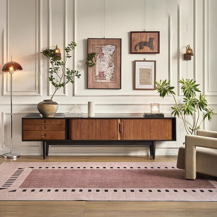 Moderner rechteckiger TV-Schrank im Retro-Stil aus massivem Eschenholz und Sperrholz mit 3 Schubladen und 3 Regalböden für das Wohnzimmer 