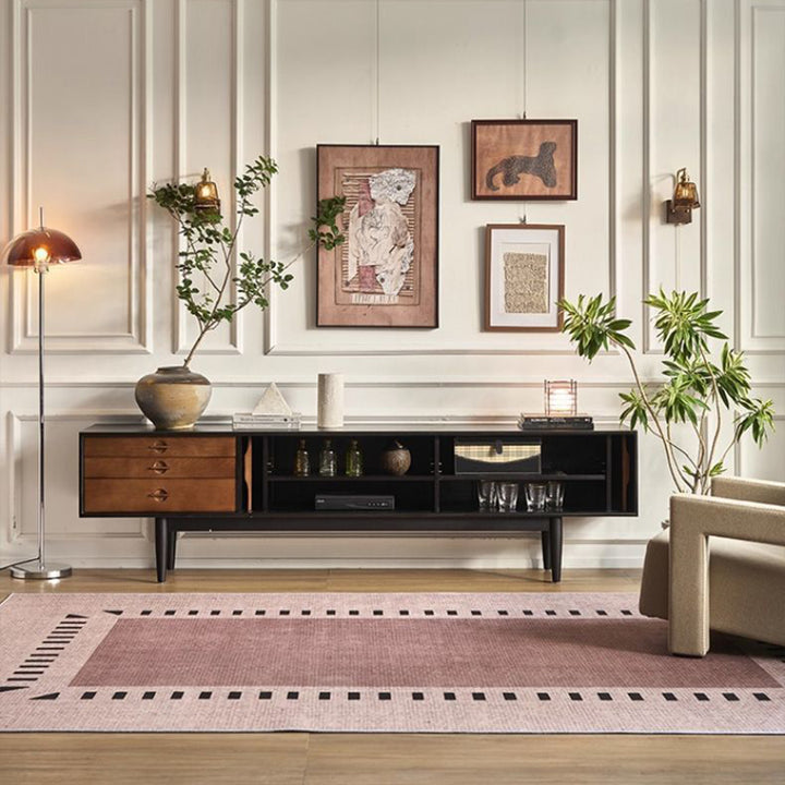 Moderner rechteckiger TV-Schrank im Retro-Stil aus massivem Eschenholz und Sperrholz mit 3 Schubladen und 3 Regalböden für das Wohnzimmer 