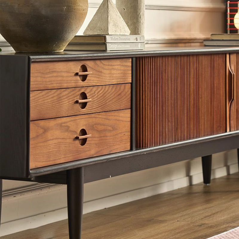 Moderner rechteckiger TV-Schrank im Retro-Stil aus massivem Eschenholz und Sperrholz mit 3 Schubladen und 3 Regalböden für das Wohnzimmer 