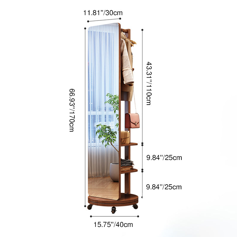 Modern Minimalist Rectangular Solid Wood Rotatable Movable Hall Tree With Mirror &amp; 3-Tier Storage For Bedroom &amp; Entryways