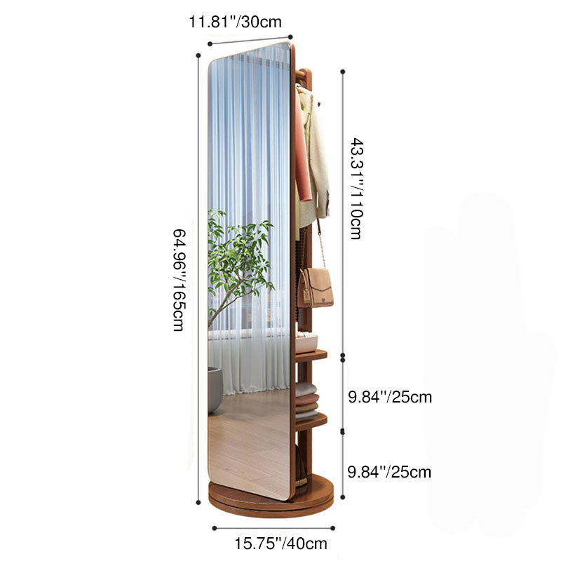 Modern Minimalist Rectangular Solid Wood Rotatable Movable Hall Tree With Mirror &amp; 3-Tier Storage For Bedroom &amp; Entryways