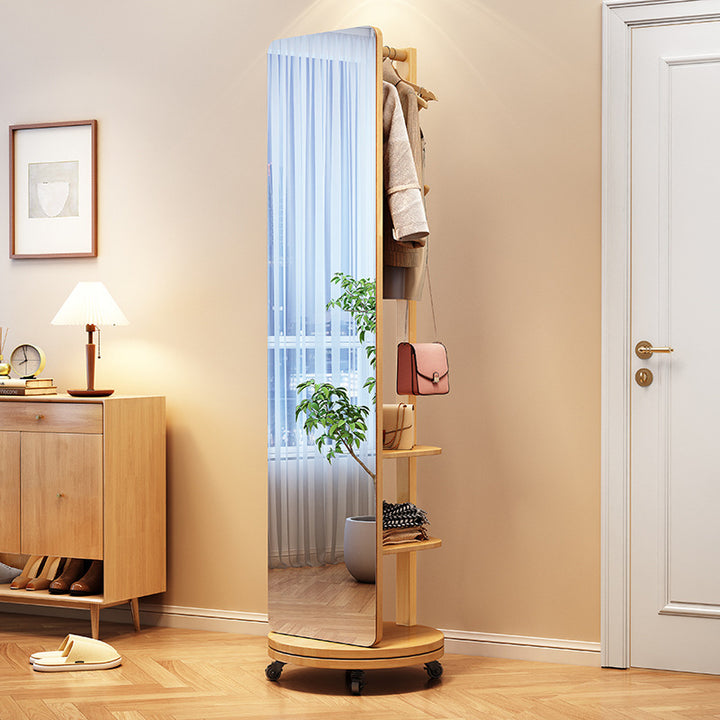 Modern Minimalist Rectangular Solid Wood Rotatable Movable Hall Tree With Mirror &amp; 3-Tier Storage For Bedroom &amp; Entryways