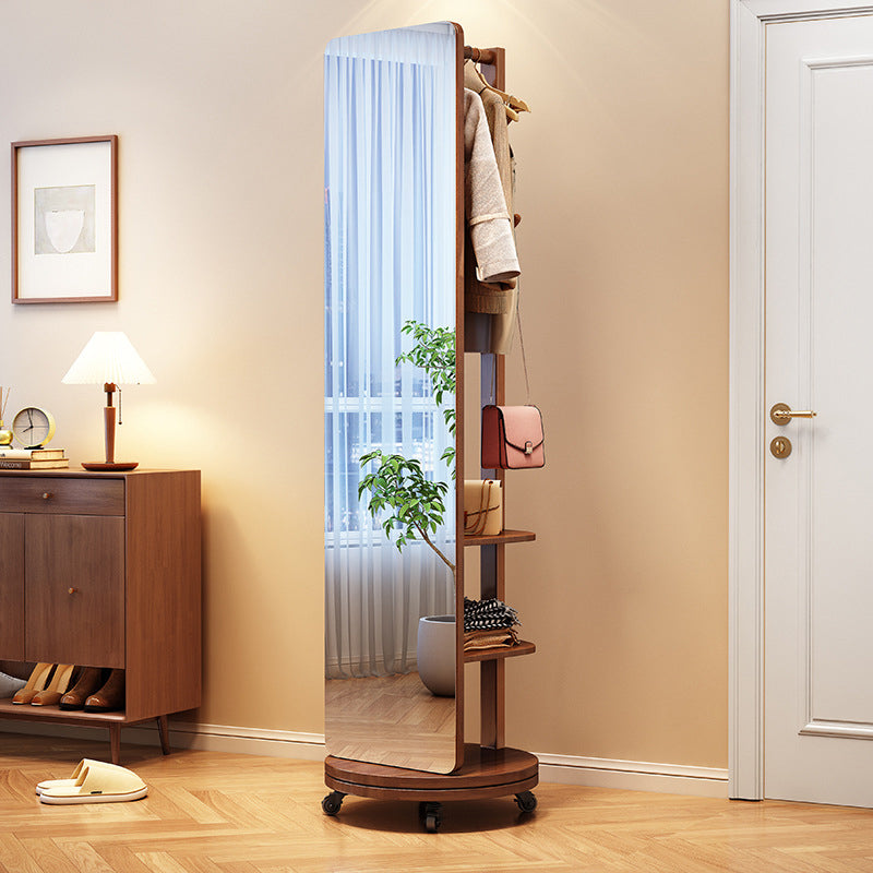 Modern Minimalist Rectangular Solid Wood Rotatable Movable Hall Tree With Mirror &amp; 3-Tier Storage For Bedroom &amp; Entryways