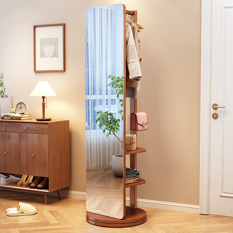 Modern Minimalist Rectangular Solid Wood Rotatable Movable Hall Tree With Mirror &amp; 3-Tier Storage For Bedroom &amp; Entryways