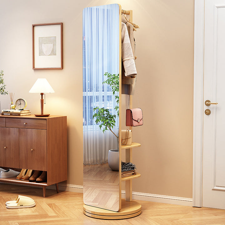 Modern Minimalist Rectangular Solid Wood Rotatable Movable Hall Tree With Mirror &amp; 3-Tier Storage For Bedroom &amp; Entryways