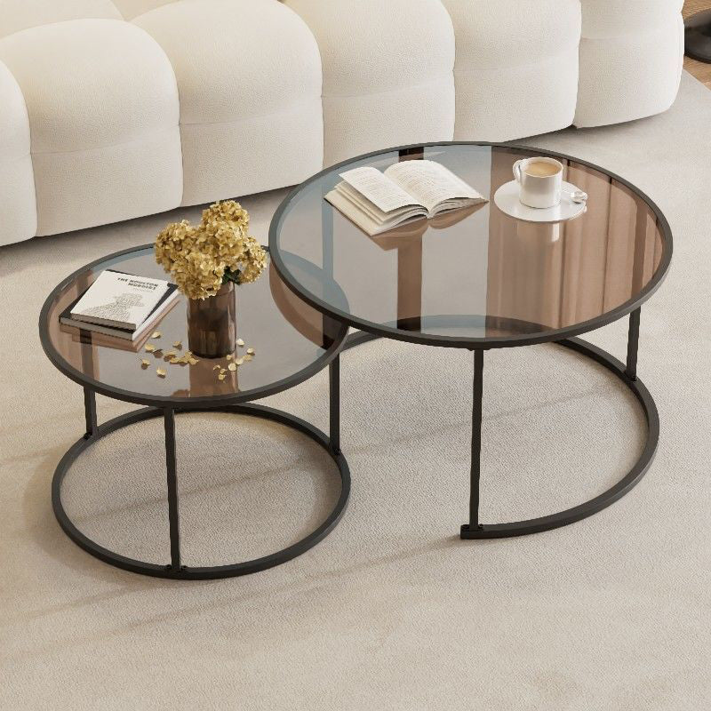 Modern Minimalist Tempered Glass Iron Round Nesting Coffee Table Set For Living Room