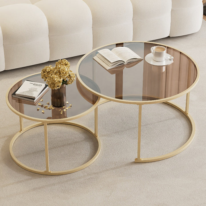 Modern Minimalist Tempered Glass Iron Round Nesting Coffee Table Set For Living Room