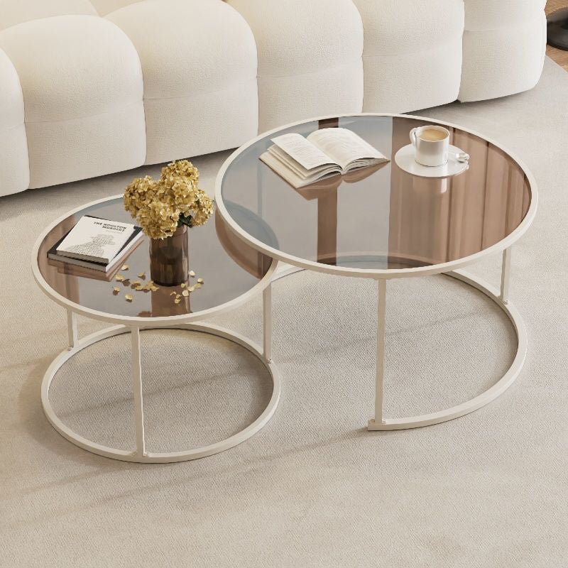 Modern Minimalist Tempered Glass Iron Round Nesting Coffee Table Set For Living Room