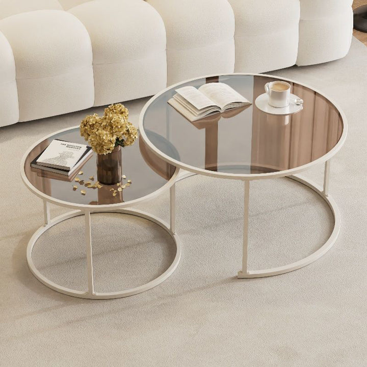 Modern Minimalist Tempered Glass Iron Round Nesting Coffee Table Set For Living Room
