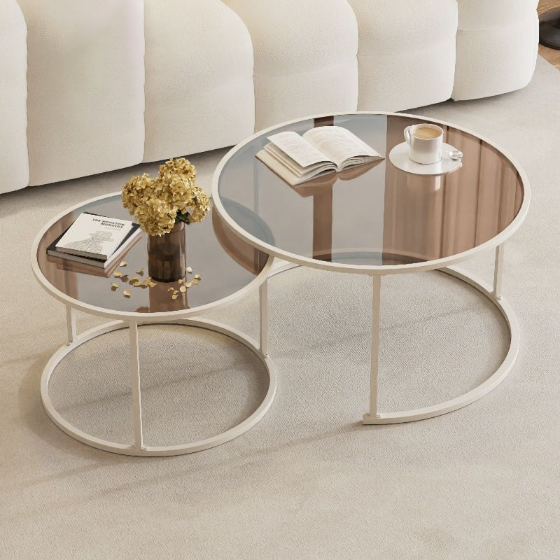 Modern Minimalist Tempered Glass Iron Round Nesting Coffee Table Set For Living Room