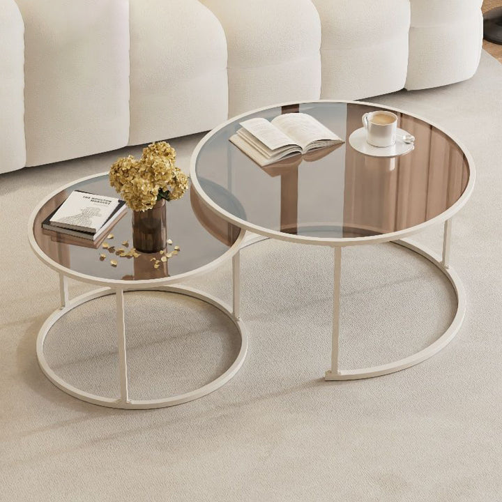 Modern Minimalist Tempered Glass Iron Round Nesting Coffee Table Set For Living Room