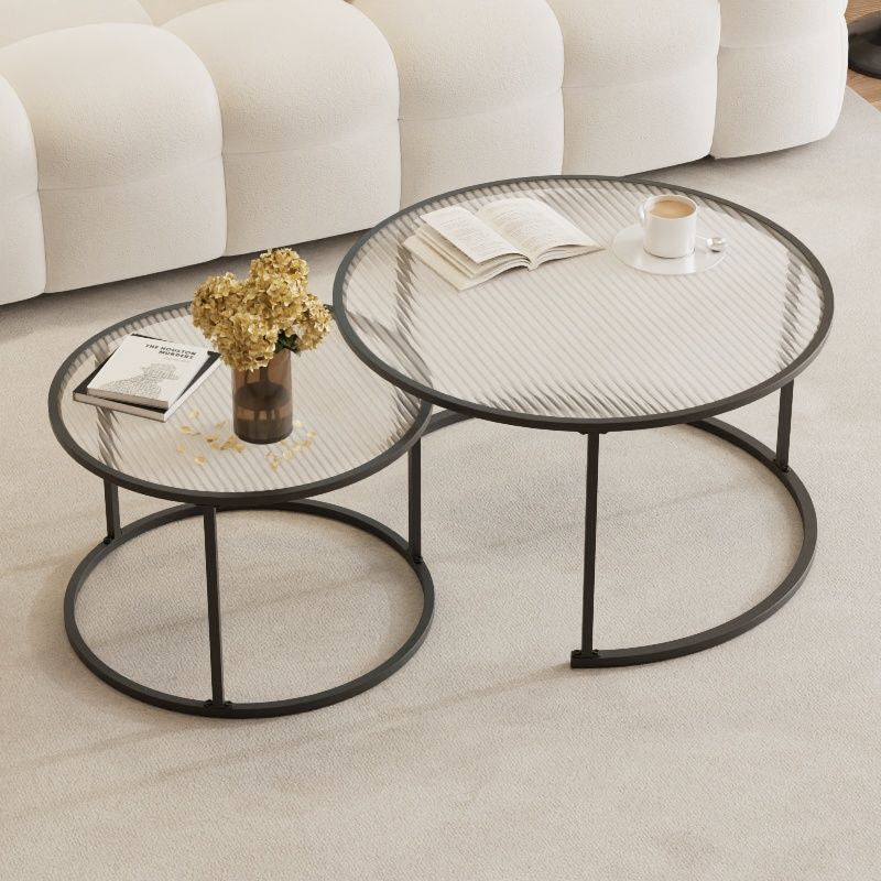 Modern Minimalist Tempered Glass Iron Round Nesting Coffee Table Set For Living Room