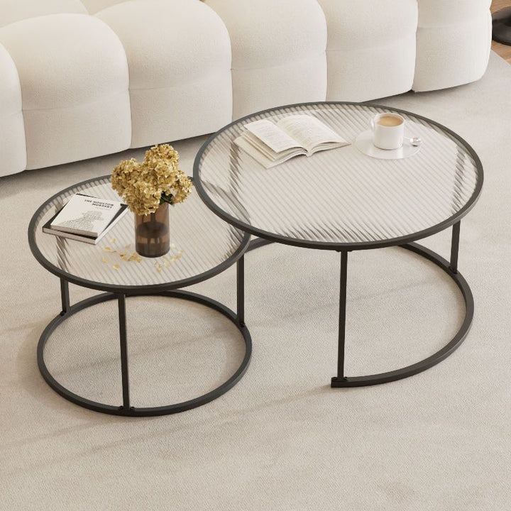 Modern Minimalist Tempered Glass Iron Round Nesting Coffee Table Set For Living Room