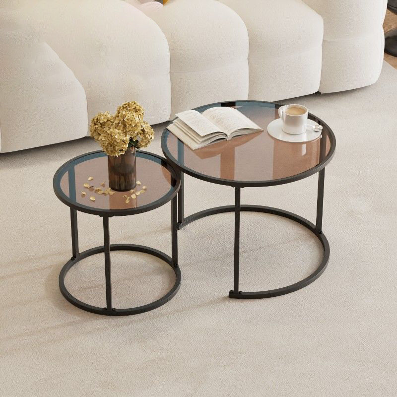 Modern Minimalist Tempered Glass Iron Round Nesting Coffee Table Set For Living Room