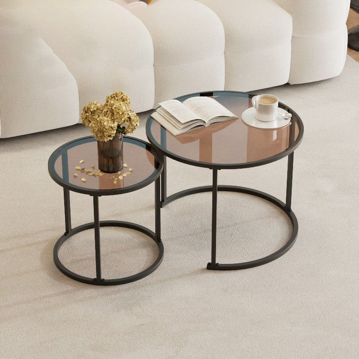 Modern Minimalist Tempered Glass Iron Round Nesting Coffee Table Set For Living Room
