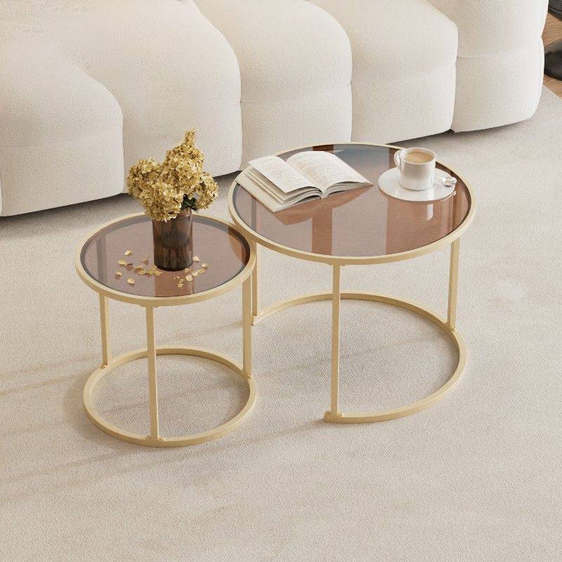 Modern Minimalist Tempered Glass Iron Round Nesting Coffee Table Set For Living Room