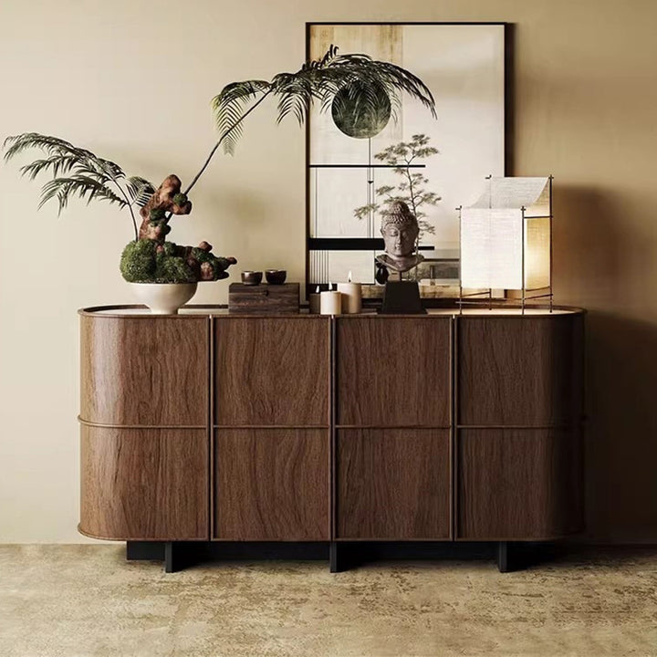 Buffet de rangement arrondi contemporain rétro en bois massif et contreplaqué avec design à 3 niveaux pour entrée et salon 