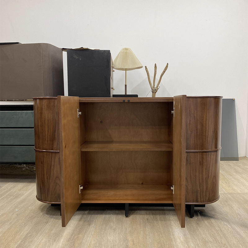 Buffet de rangement arrondi contemporain rétro en bois massif et contreplaqué avec design à 3 niveaux pour entrée et salon 