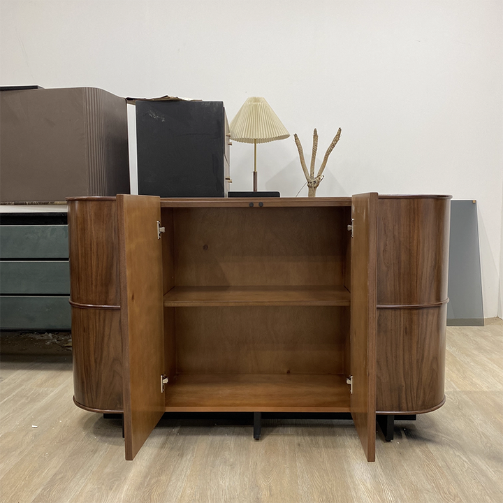 Buffet de rangement arrondi contemporain rétro en bois massif et contreplaqué avec design à 3 niveaux pour entrée et salon 