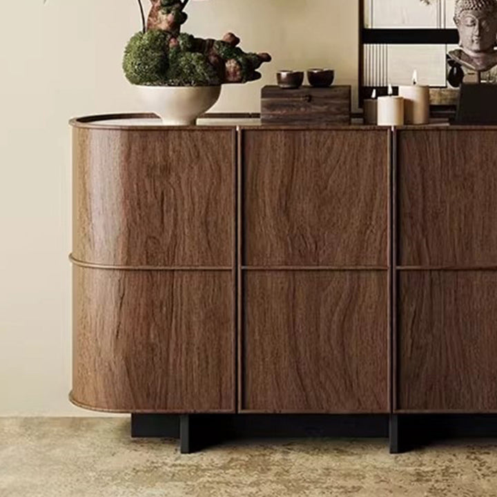 Buffet de rangement arrondi contemporain rétro en bois massif et contreplaqué avec design à 3 niveaux pour entrée et salon 