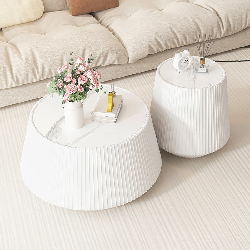 Table basse moderne minimaliste en cuir PU, pierre frittée, fer, bois massif et contreplaqué, de forme diamant/ronde, pour salon 