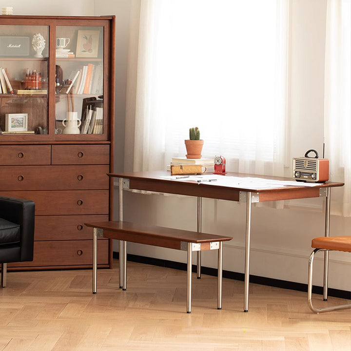 Moderne minimalistische Bank aus Kiefernholz und Edelstahl ohne Rückenlehne für das Esszimmer 