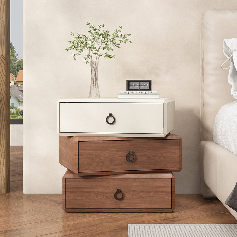 Table de chevet rectangulaire en bois massif, contreplaqué et cuir synthétique, style moderne minimaliste, avec design à 3 tiroirs rotatifs à 360° pour la chambre 
