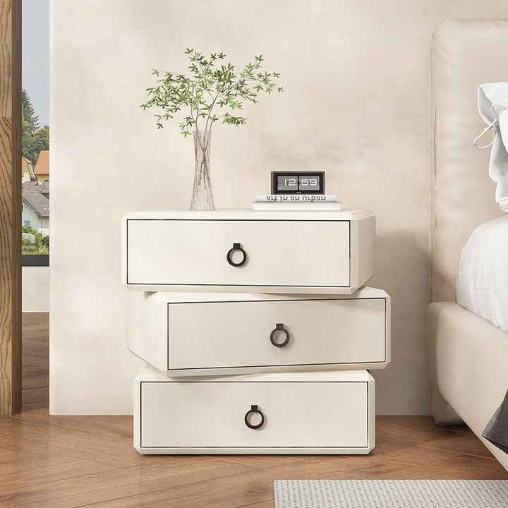 Mesita de noche rectangular moderna minimalista de contrachapado con cuero sintético y diseño giratorio de 360° con 3 cajones para dormitorio 