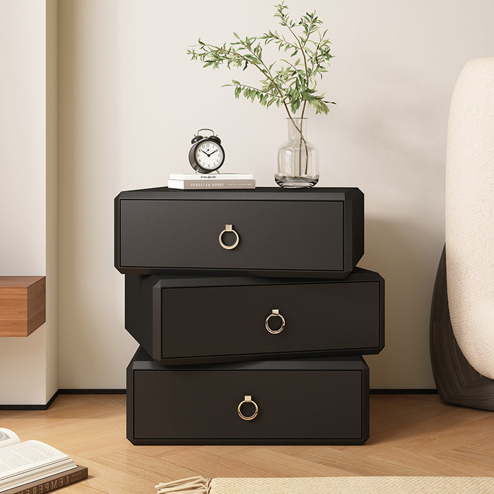 Table de chevet rectangulaire en bois massif, contreplaqué et cuir synthétique, style moderne minimaliste, avec design à 3 tiroirs rotatifs à 360° pour la chambre 