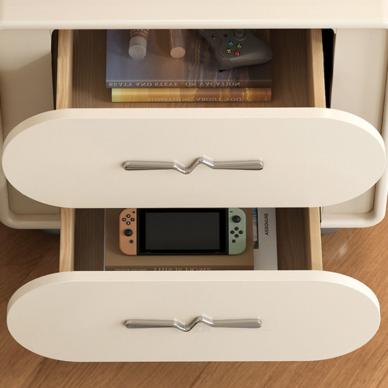 Mesita de noche contemporánea creativa de madera maciza con cuero sintético redondeada rectangular con almacenamiento de 2 cajones para dormitorio 