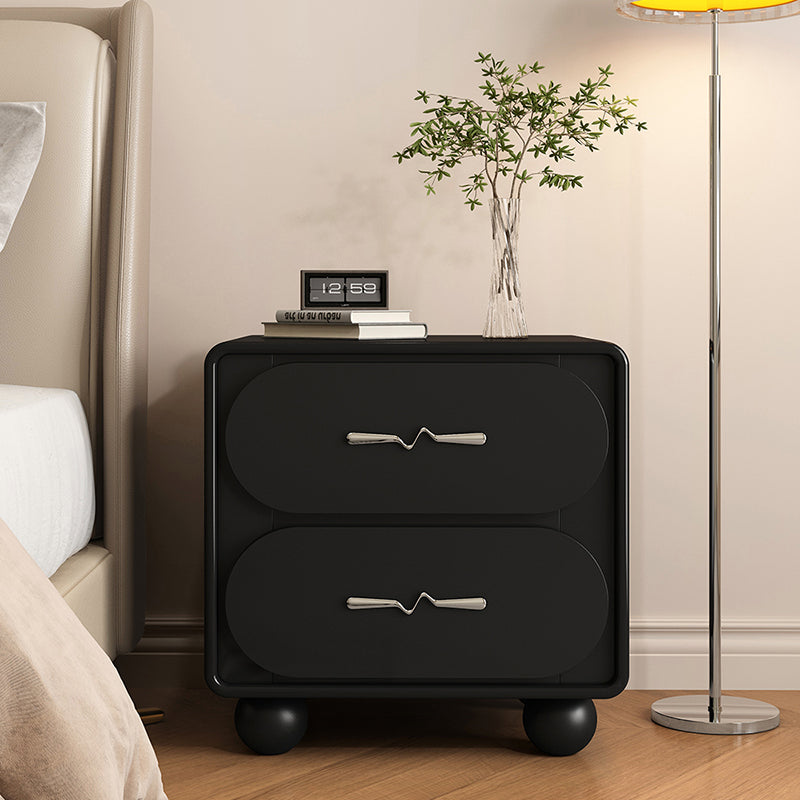 Mesita de noche contemporánea creativa de madera maciza con cuero sintético redondeada rectangular con almacenamiento de 2 cajones para dormitorio 