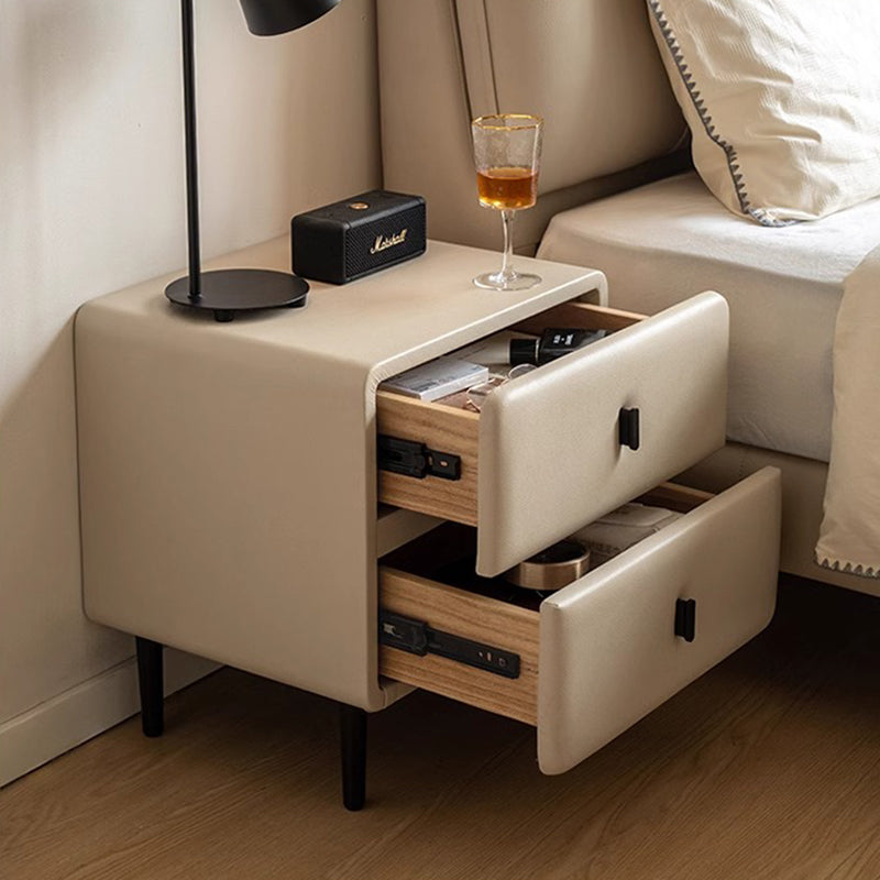 Modern Minimalist Solid Wood &amp; Plywood Faux Leather Rectangular Nightstand With 2-Drawer Design For Bedroom
