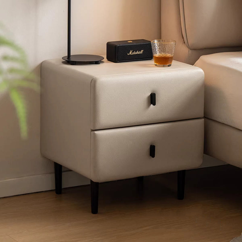 Modern Minimalist Solid Wood &amp; Plywood Faux Leather Rectangular Nightstand With 2-Drawer Design For Bedroom