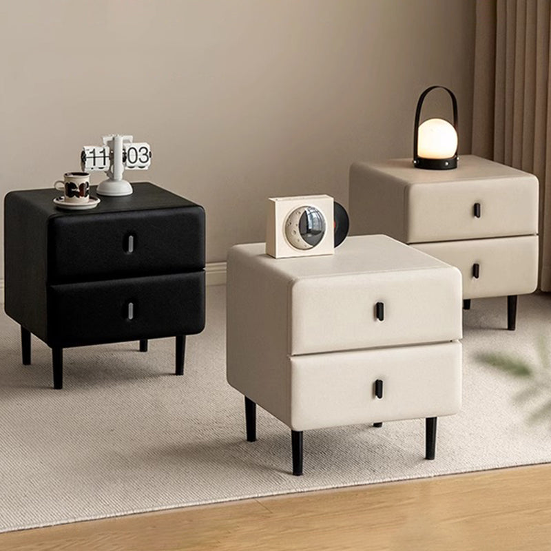 Modern Minimalist Solid Wood &amp; Plywood Faux Leather Rectangular Nightstand With 2-Drawer Design For Bedroom